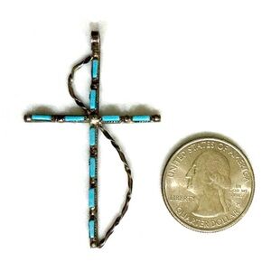Zuni, Vintage Sleeping Beauty Turquoise Sterling Crucifix/ Cross Pendant